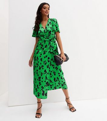 Green Leopard Print Satin Midi Wrap Dress | New Look