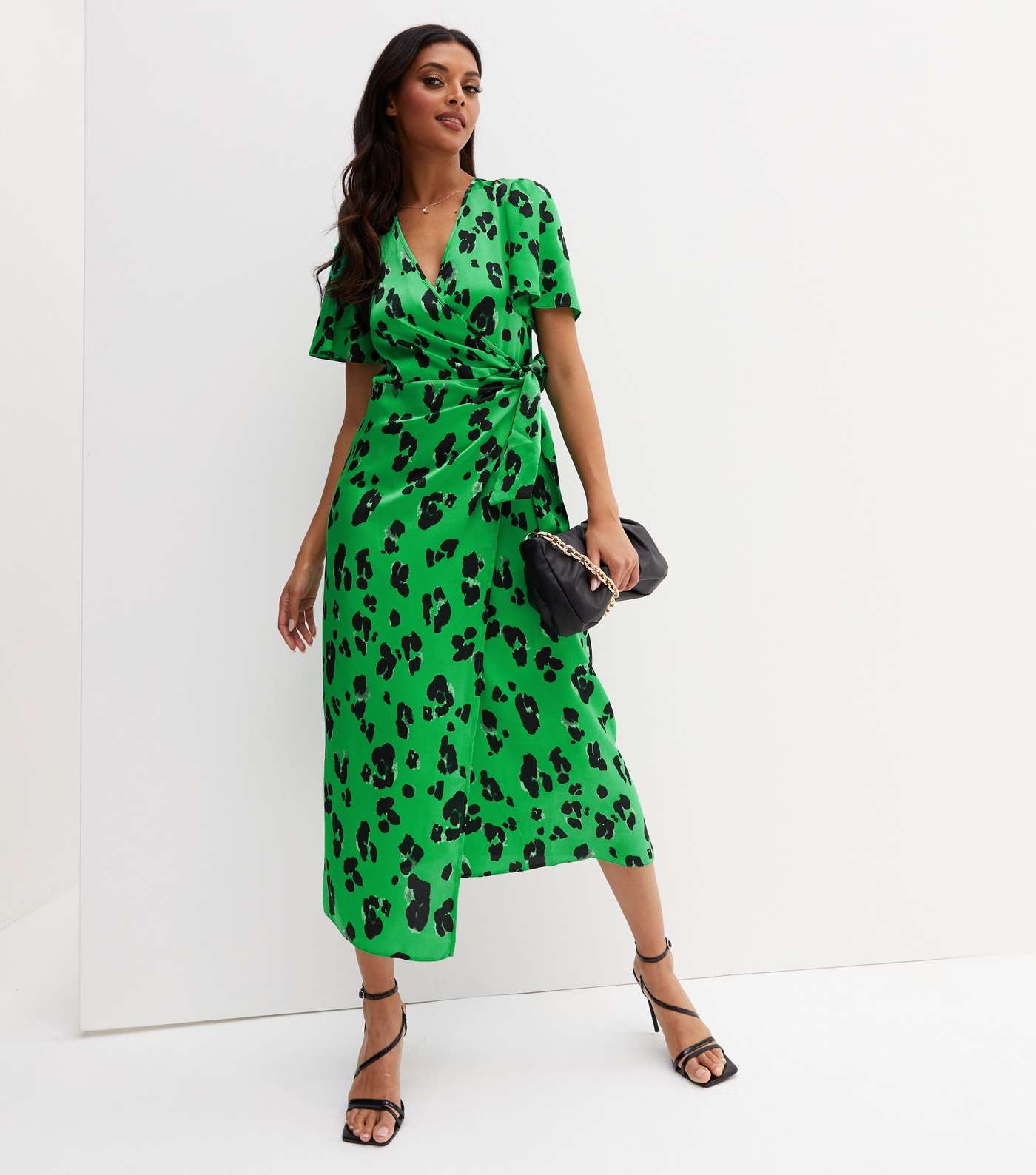 Green Leopard Print Satin Midi Wrap Dress