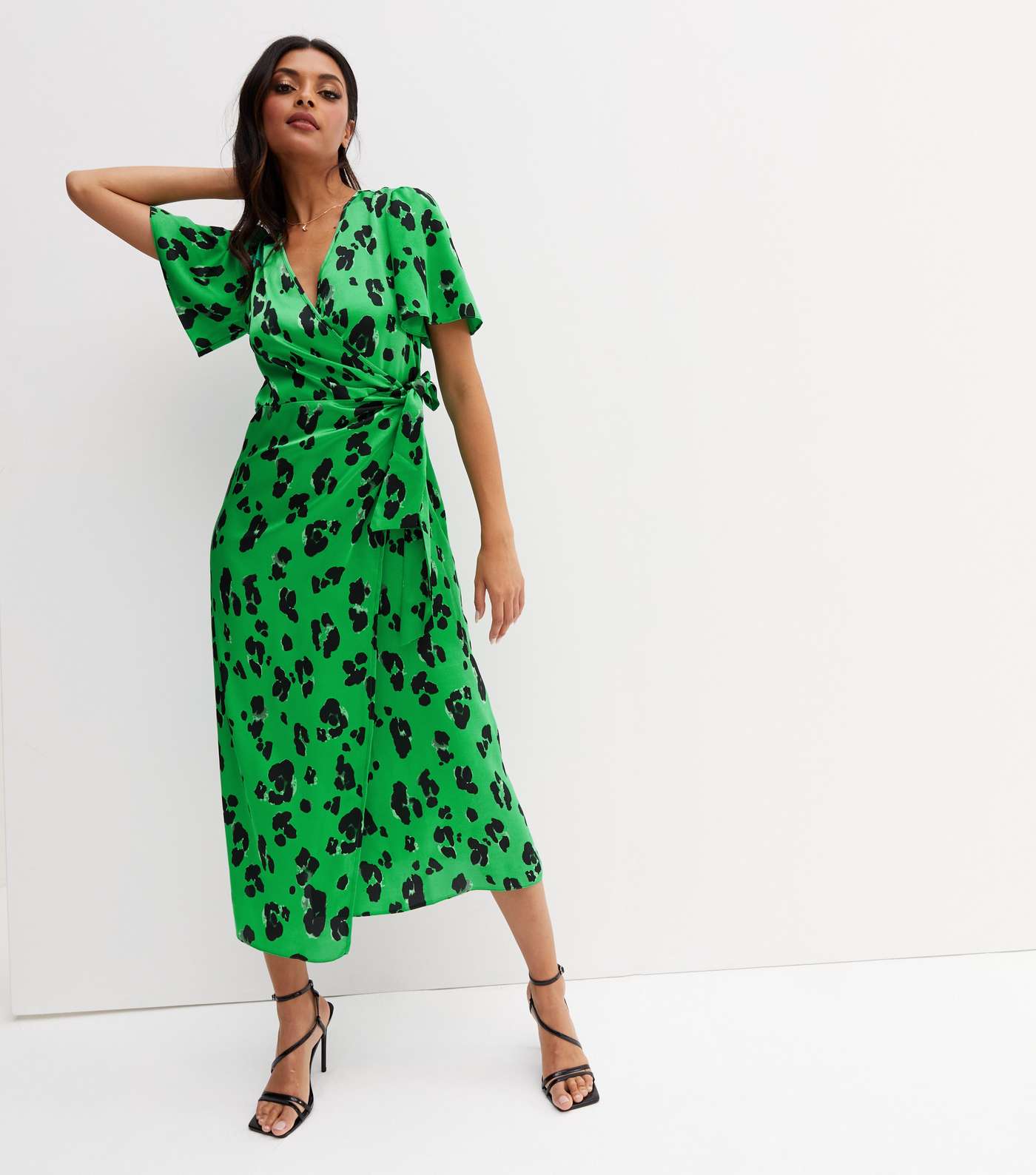 Green Leopard Print Satin Midi Wrap Dress Image 3