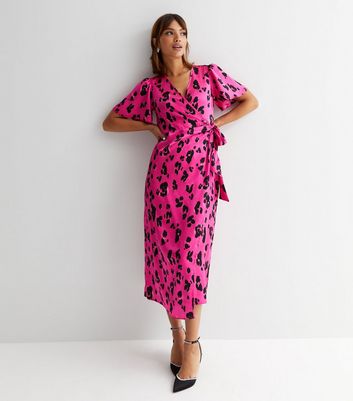 Pink Leopard Print Satin Midi Wrap Dress New Look