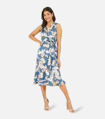 Mela Blue Floral Satin Ruffle Midi Wrap Dress