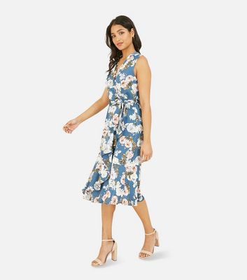 Mela Blue Floral Satin Ruffle Midi Wrap Dress New Look