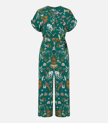 Damen Bekleidung Yumi Green Animal Print Belted Crop Jumpsuit