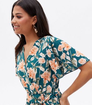 Mela Teal Floral Ruffle Midi Wrap Dress 