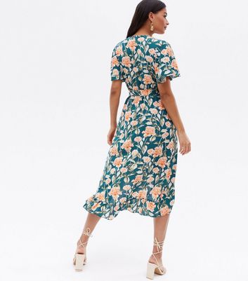 Mela Teal Floral Ruffle Midi Wrap Dress 