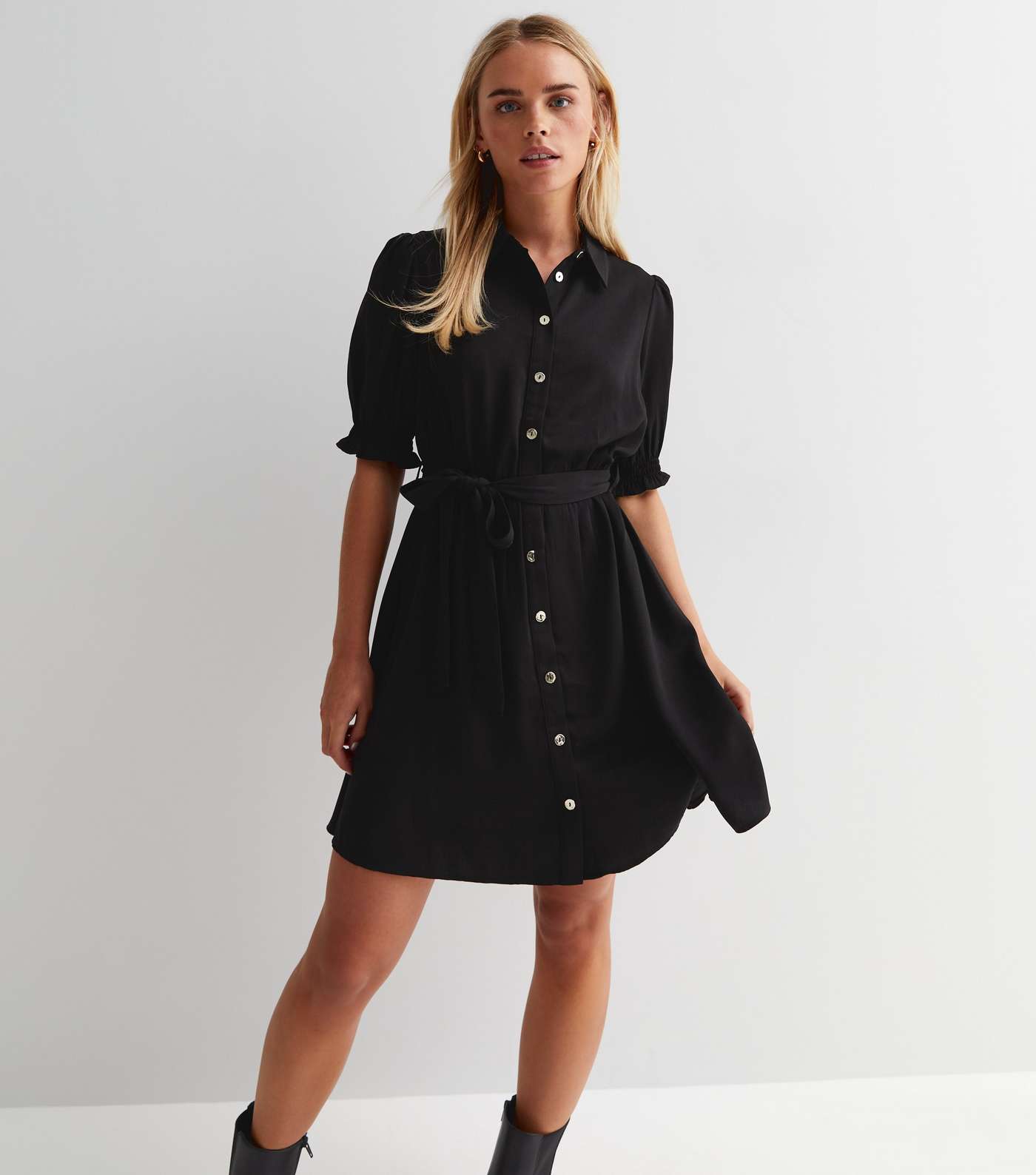 Petite Black Short Puff Sleeve Belted Mini Shirt Dress