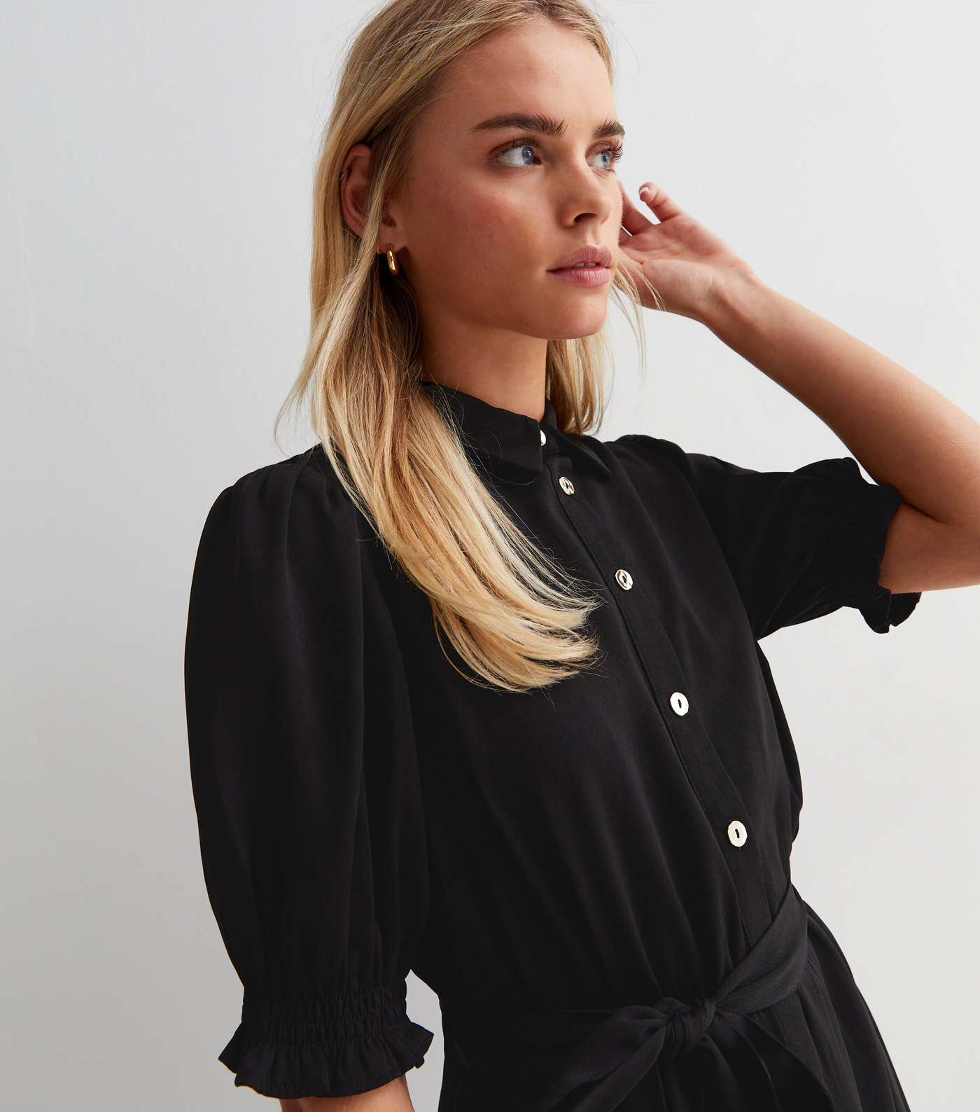 Petite Black Short Puff Sleeve Belted Mini Shirt Dress Image 3