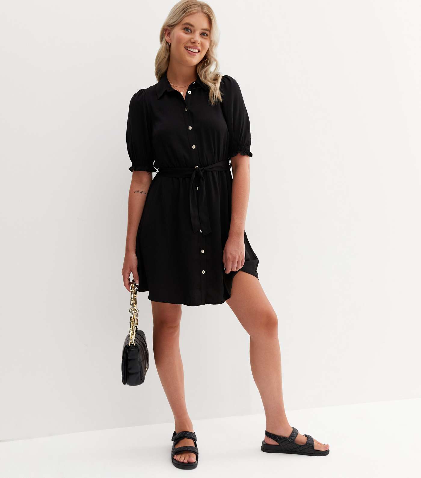 Tall Black Short Puff Sleeve Belted Mini Shirt Dress Image 2
