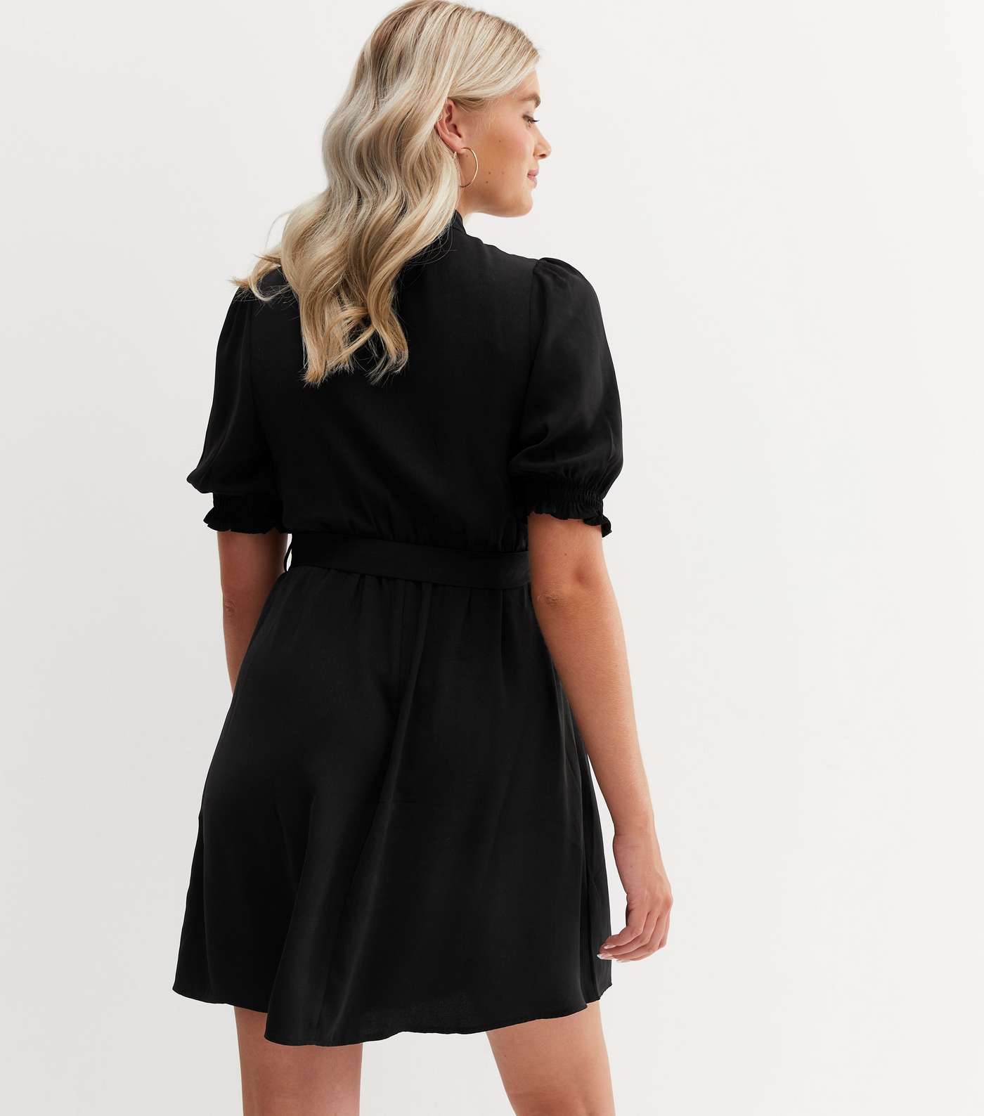 Tall Black Short Puff Sleeve Belted Mini Shirt Dress Image 4