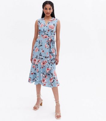 Blue Floral Sleeveless Midi Wrap Dress 