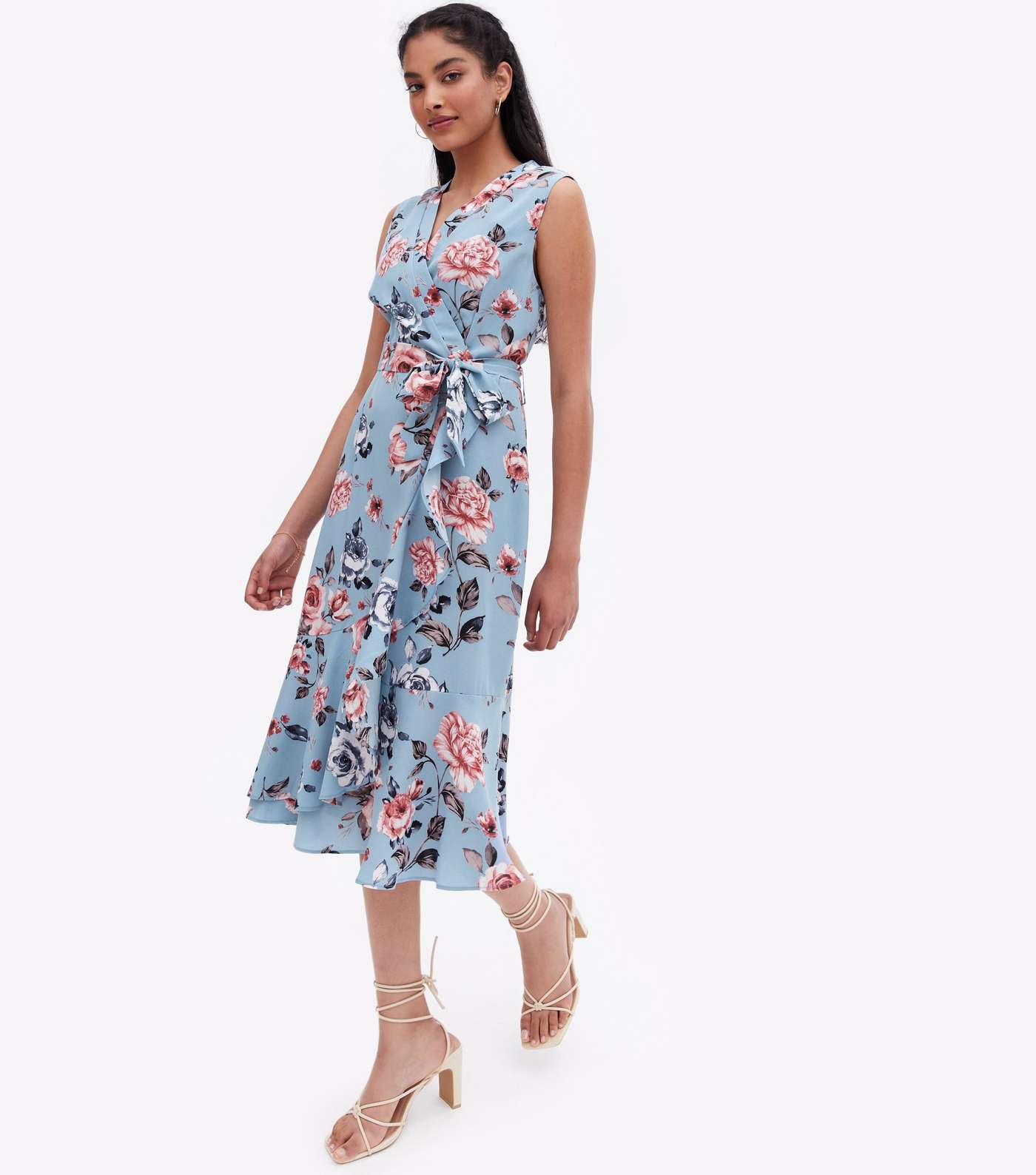 Mela Pale Blue Floral Sleeveless Midi Wrap Dress Image 2