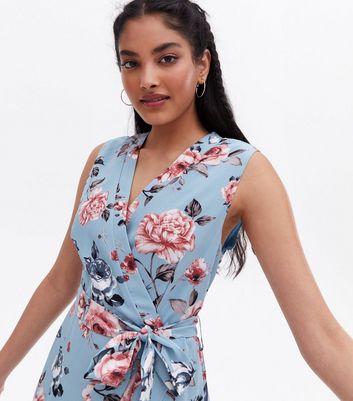 Mela Pale Blue Floral Sleeveless Midi Wrap Dress New Look