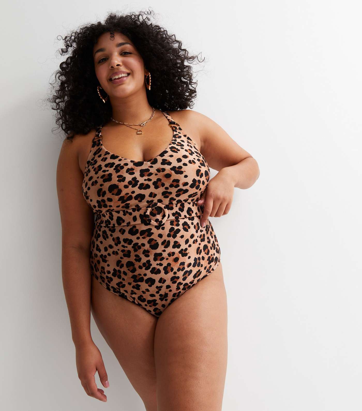 Curves Brown Leopard Print Belted Halter Swimsuit Image 2