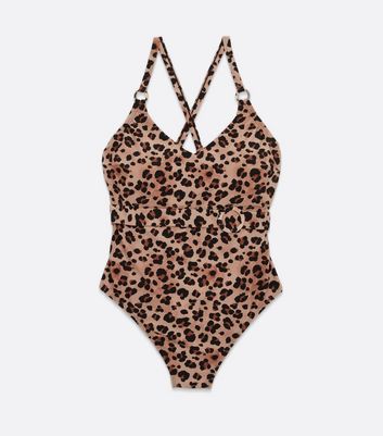 Curves Brown Leopard Print Belted Halter Swimsuit New Look