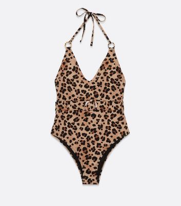 Brown Leopard Print Belted Halter Swimsuit New Look