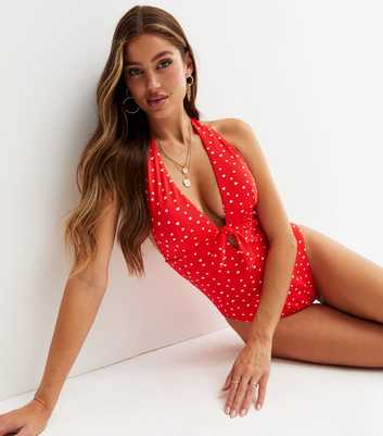 Red Heart Spot Tie Front Halter Swimsuit