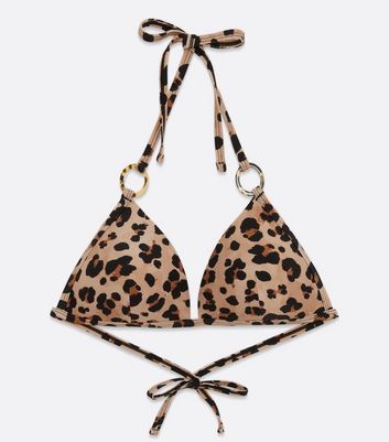 Brown Leopard Print Moulded Halter Triangle Bikini Top New Look