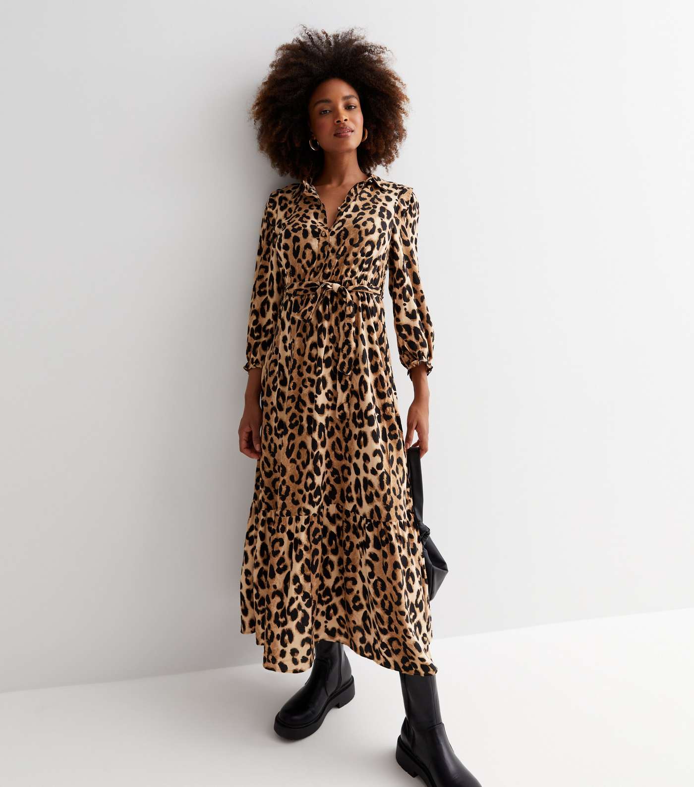 Brown Leopard Print Belted Tiered Hem Midi Shirt Dress Image 2