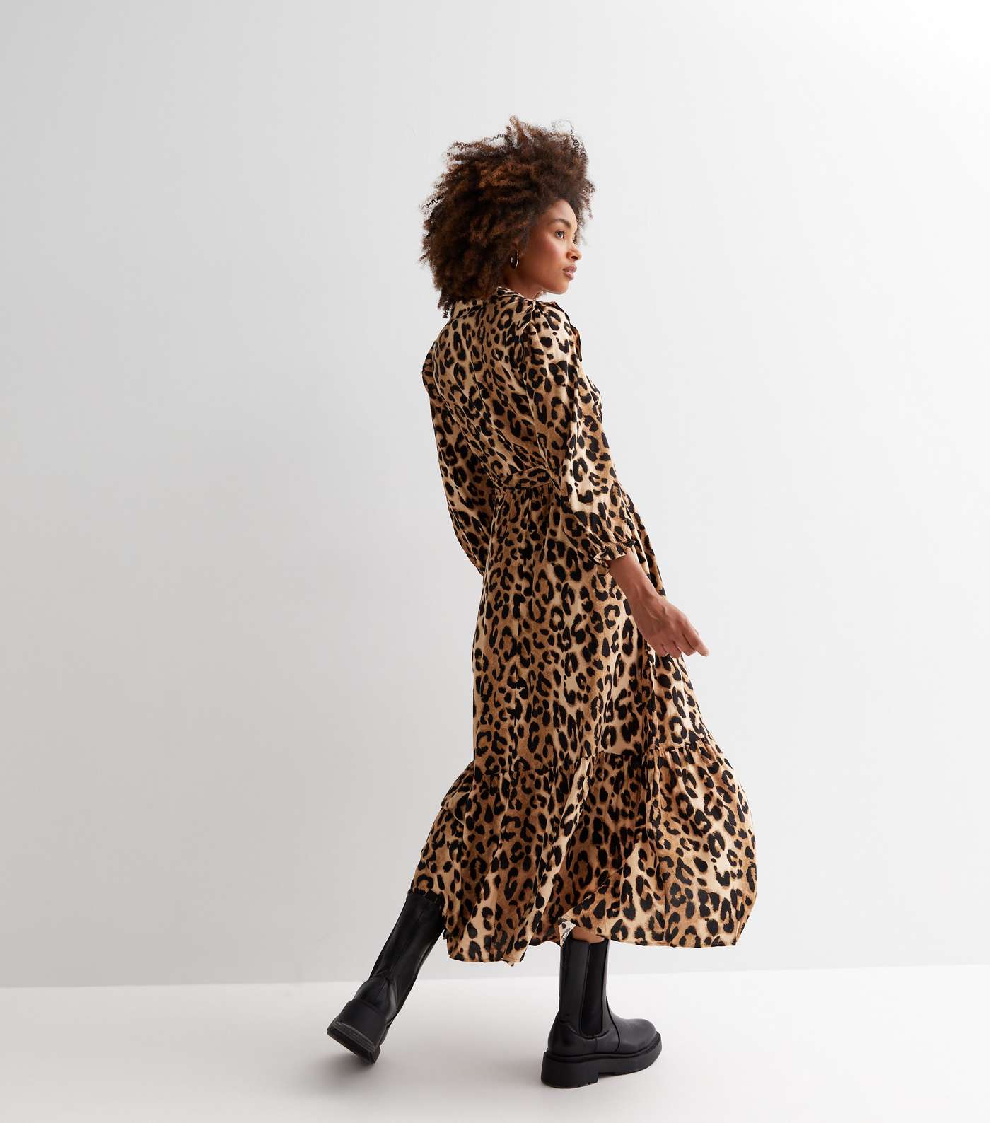 Brown Leopard Print Belted Tiered Hem Midi Shirt Dress Image 4