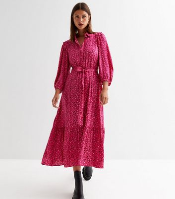 Pink Spot Tie Waist Tiered Midi Shirt Dress | New Look