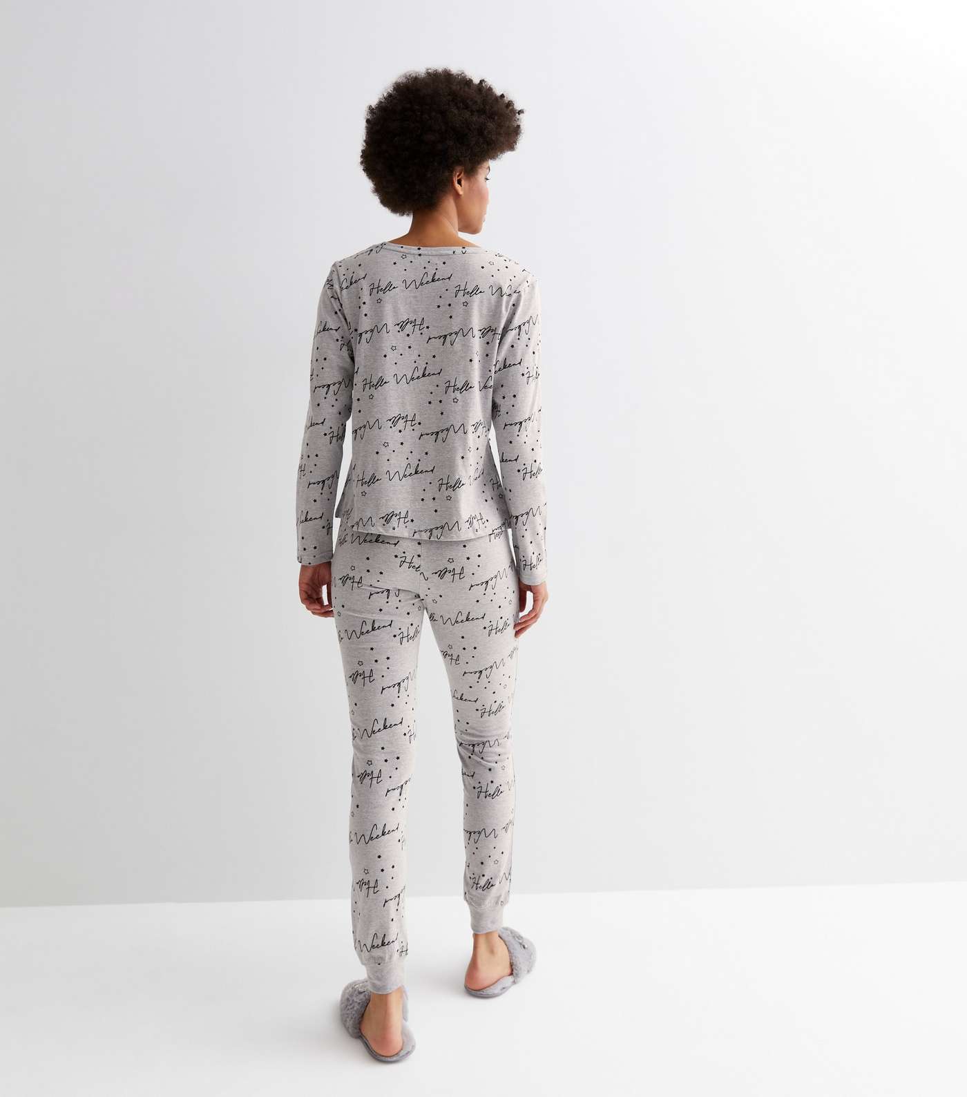 Light Grey Long Sleeve Pyjama Set with Hello Weekend Print Image 4