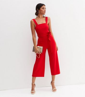 red tie waist jumpsuit