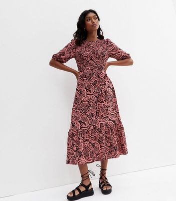 Pink Paisley Shirred Short Puff Sleeve Tiered Hem Midi Dress