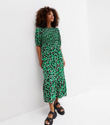 Green Leopard Print Shirred Tiered Hem Midi Dress New Look