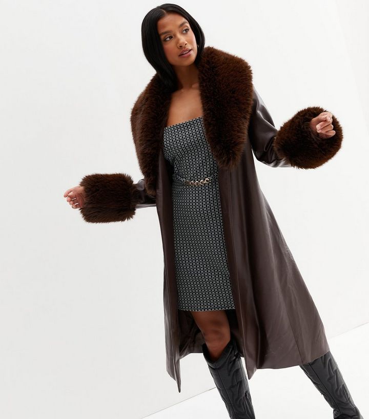 newlook.com | Petite Dark Brown Leather-Look Faux Fur Trim Belted Coat