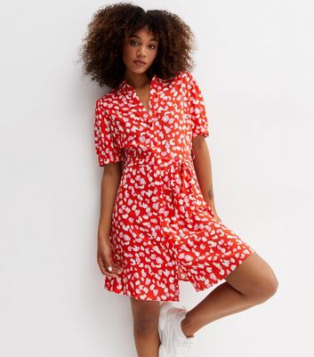 Red Leopard Print Belted Mini Shirt Dress
