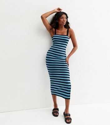 Blue Stripe Ribbed Bodycon Midi Dress New Look