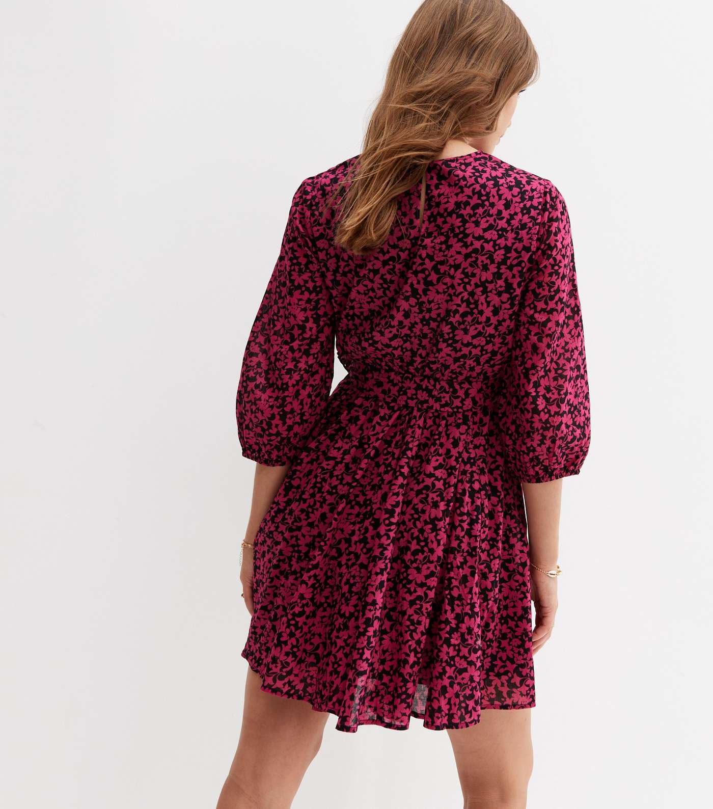 Pink Floral 3/4 Puff Sleeve Belted Mini Dress Image 4
