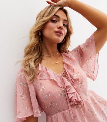 Pink Floral Chiffon Spot Frill Peplum Blouse New Look