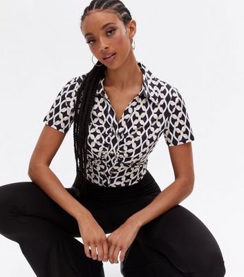 Black Geometric Collared Short Sleeve Bodysuit New Look