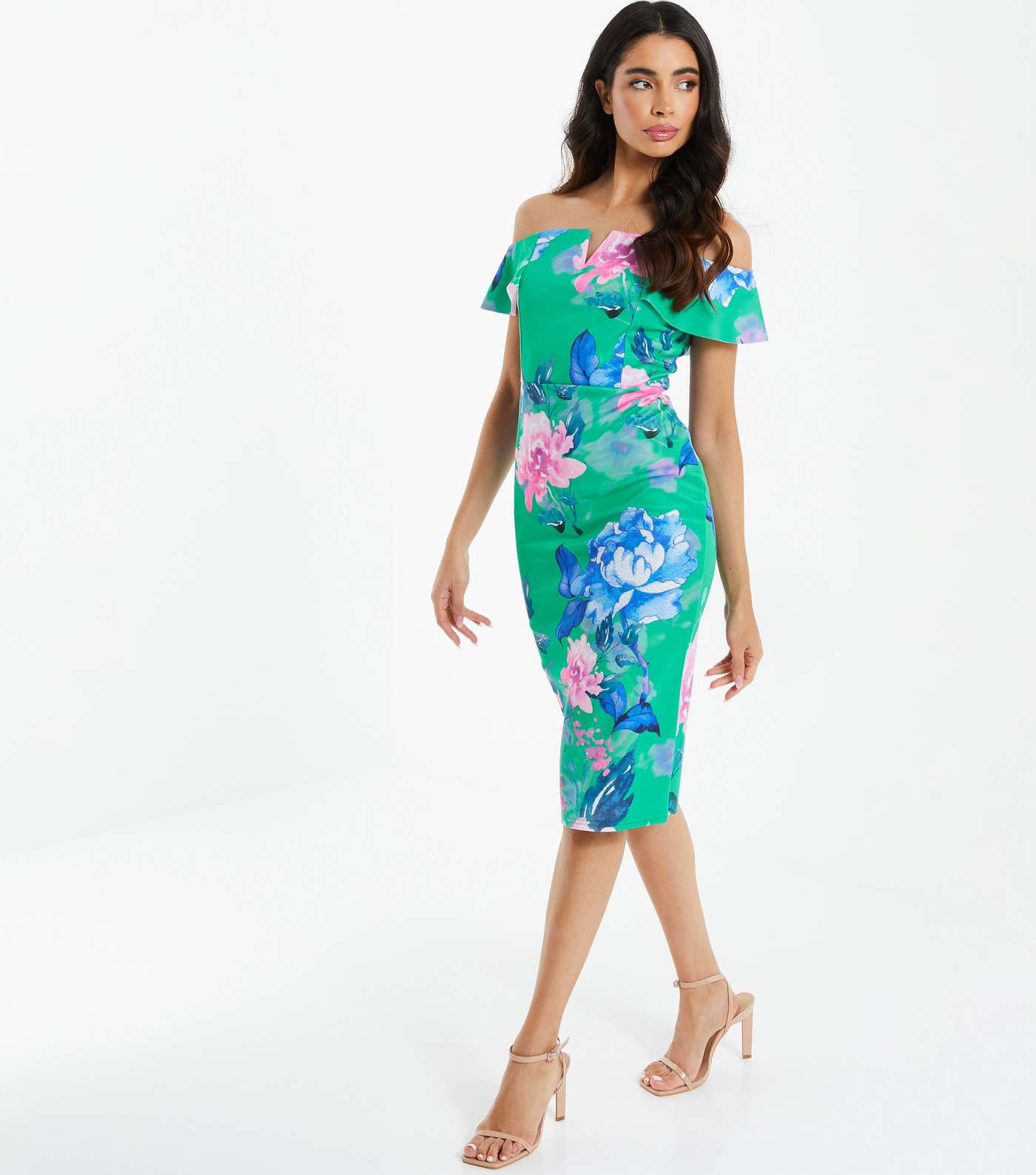 QUIZ Green Floral Bardot Midi Dress Image 2