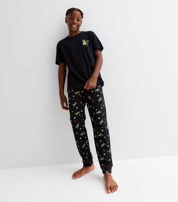 Boys Black Jogger Pyjama Set with Christmas Dinosaur Print