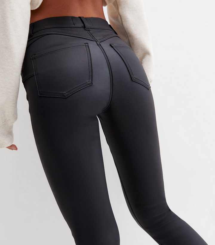 Girls Black Coated Leather-Look Jeggings
