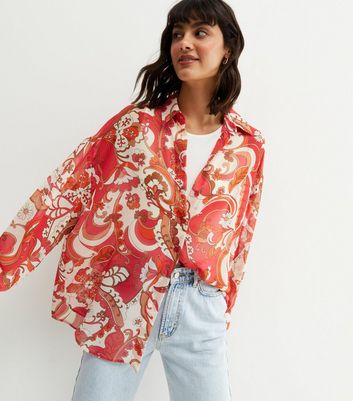 Red Paisley Chiffon Oversized Shirt 