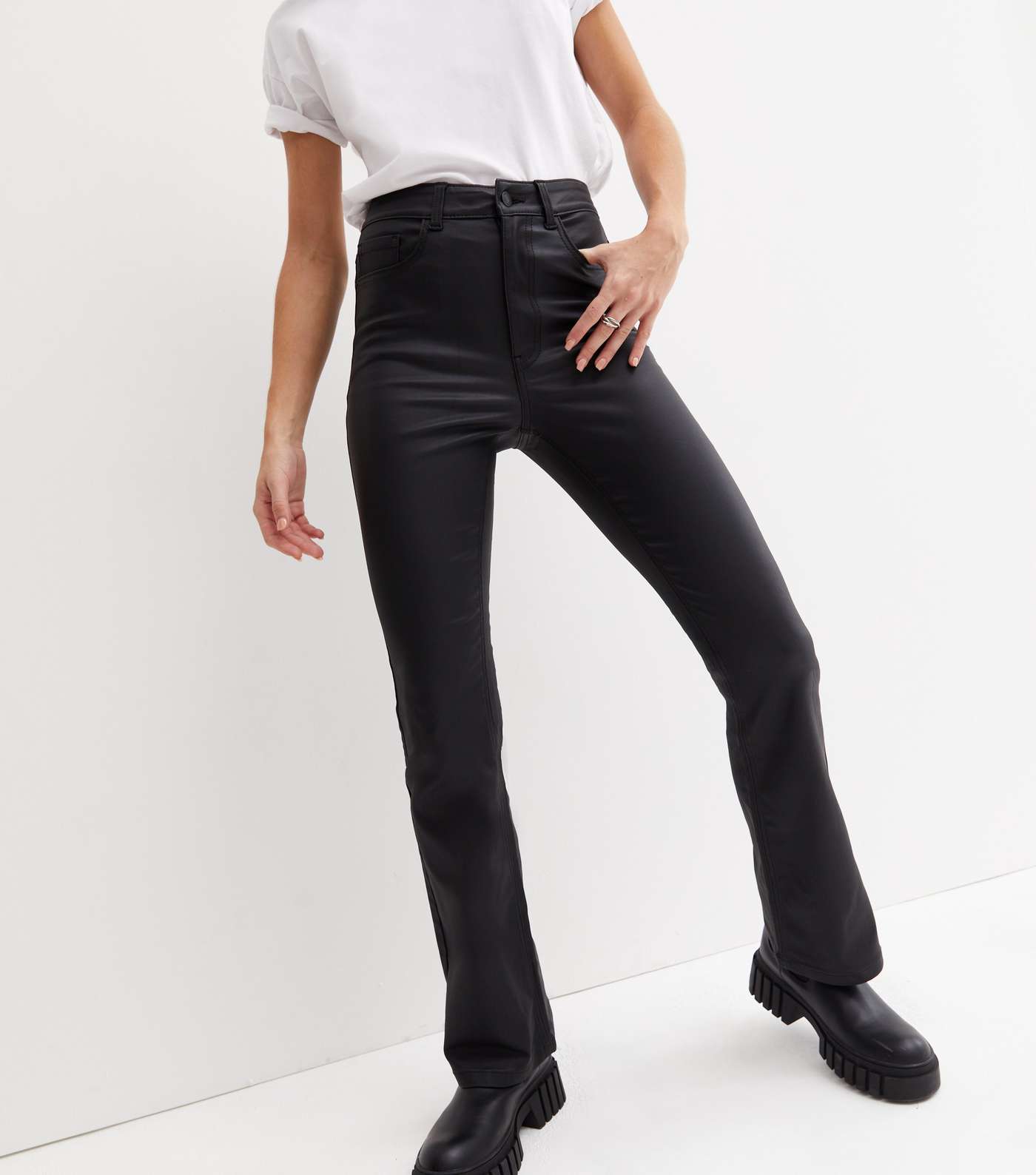 Black Coated Leather-Look High Waist Flared Brooke Jeans Image 3