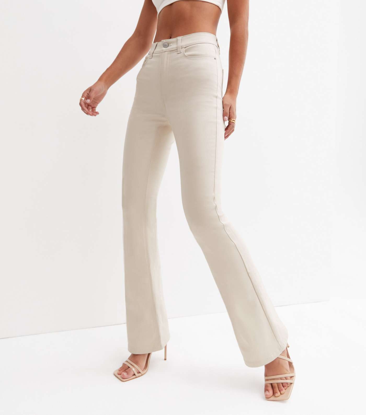 Off White Coated Leather-Look High Waist Flared Brooke Jeans Image 5