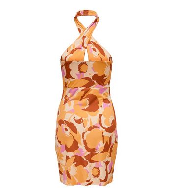 Neon Nylon Orange Floral Twist Halter Mini Dress New Look