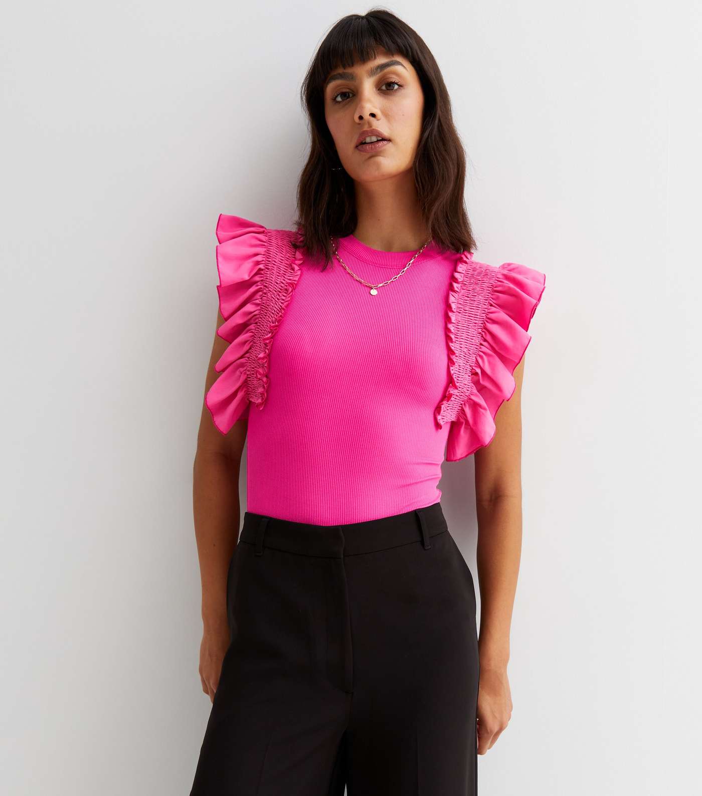 Bright Pink Poplin Frill Sleeve Bodysuit Image 2