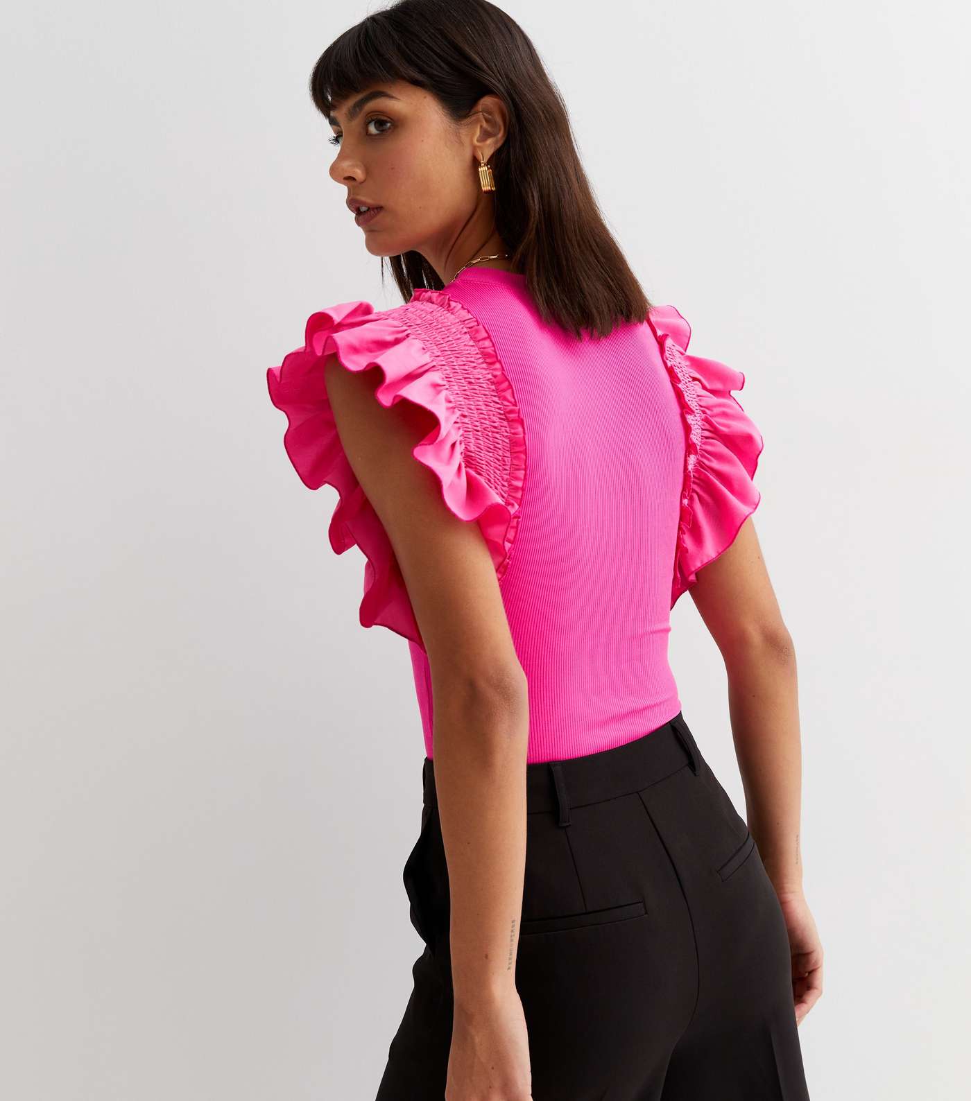 Bright Pink Poplin Frill Sleeve Bodysuit Image 4