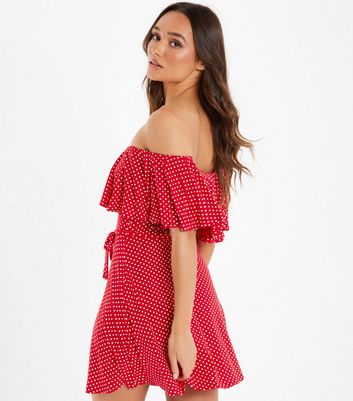 Click to view product details and reviews for Quiz Red Spot Tie Waist Bardot Mini Skater Dress New Look.