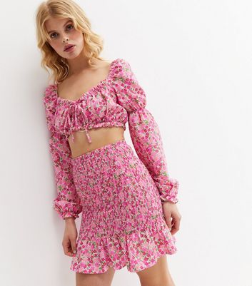 Damen Bekleidung Pink Ditsy Floral Shirred Frill Mini Skirt