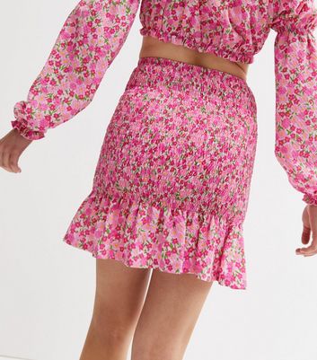 Pink Ditsy Floral Shirred Frill Mini Skirt New Look