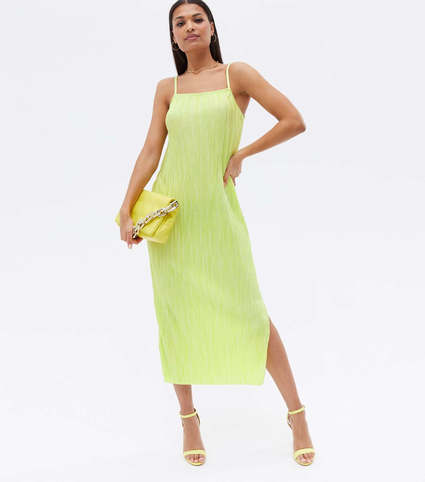 Light Green Pleated Satin Midi Slip Dress Image 3