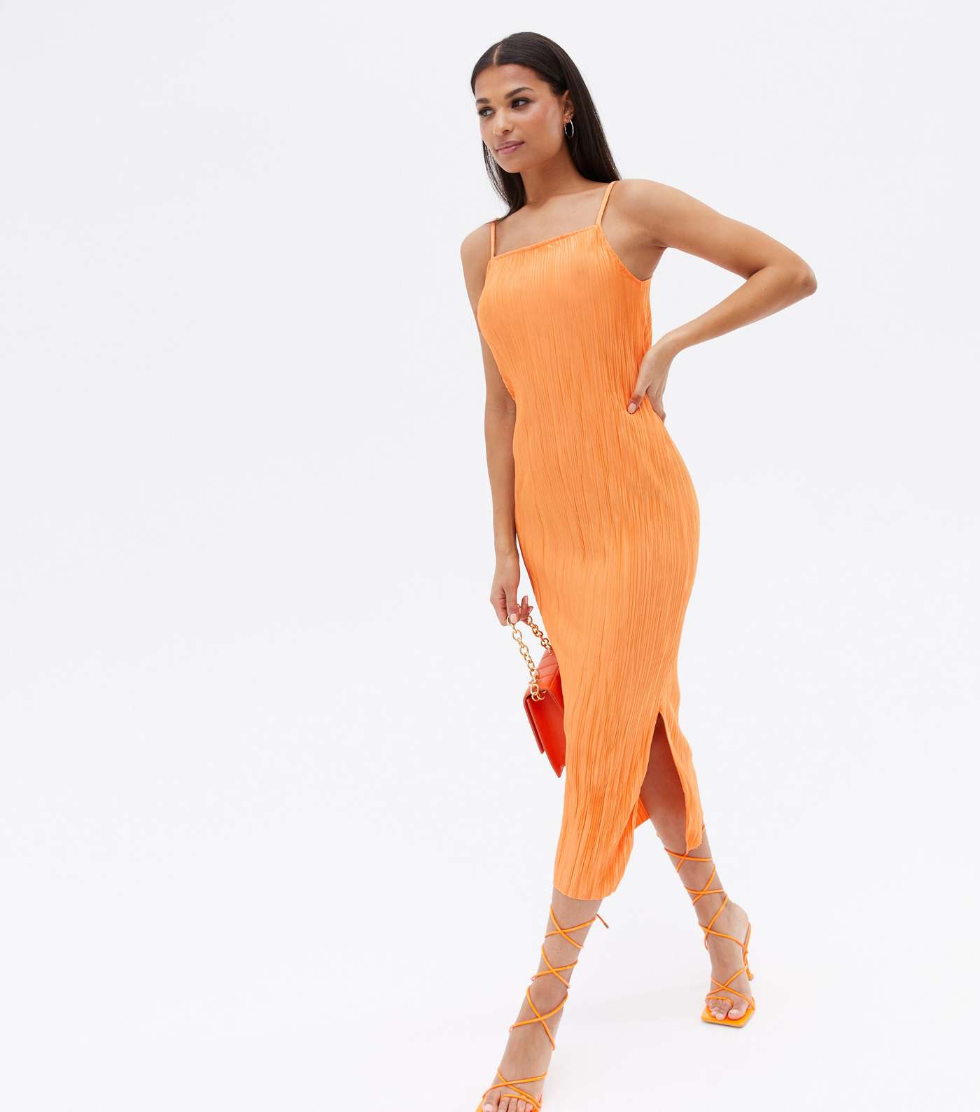Bright Orange Pleated Satin Midi Slip Dress Image 2