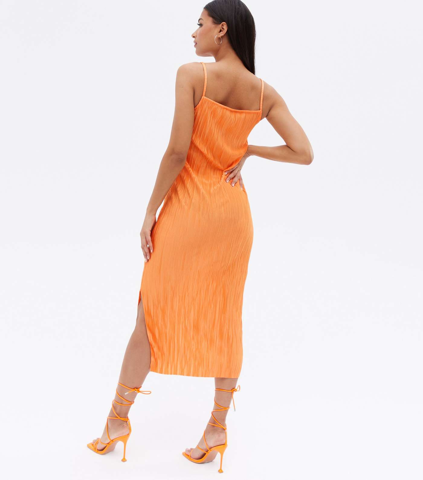 Bright Orange Pleated Satin Midi Slip Dress Image 4