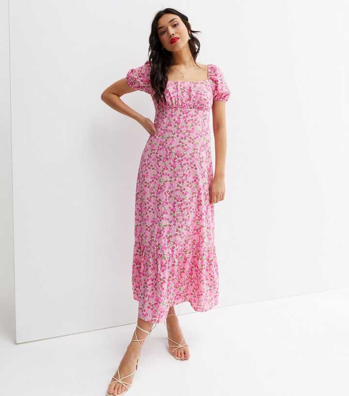 Pink Ditsy Floral Ruched Square Neck Midi Dress | New Look